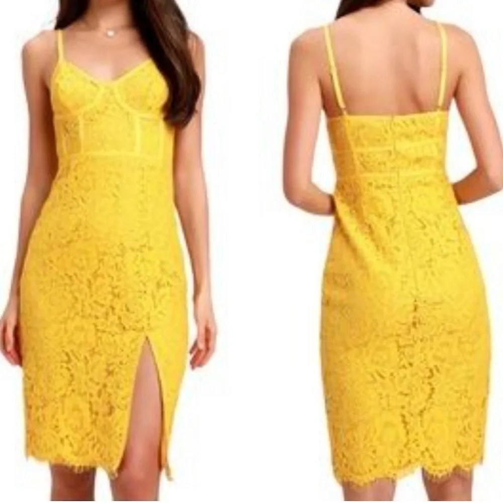 Lulu’s Love Me Right Yellow Lace Bodycon Midi Dress Medium Slit Sexy - Picture 1 of 5